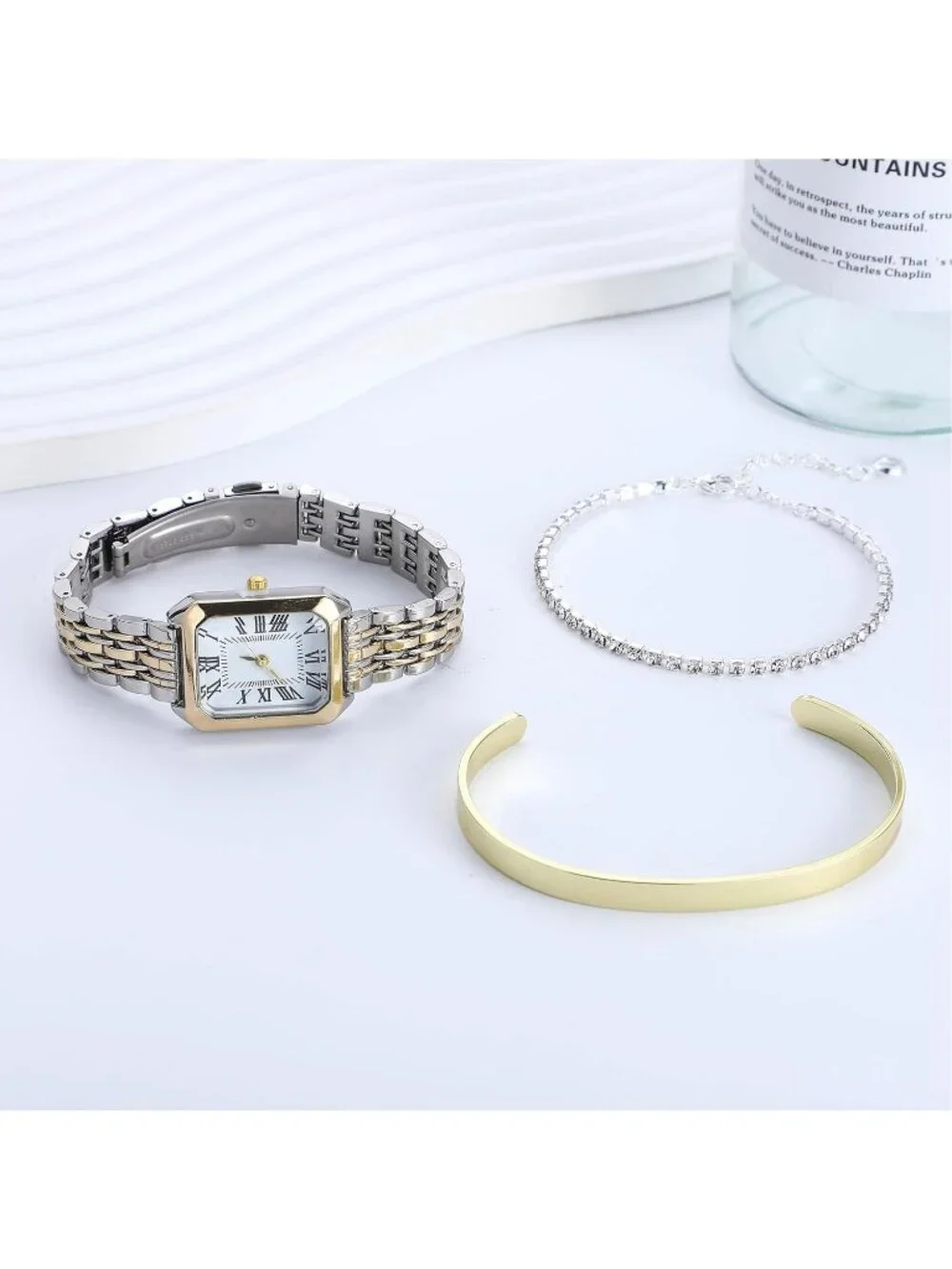Women's Gold Silver Jewelry Stainless Steel Diamond Bangle Bracelets Set Watch